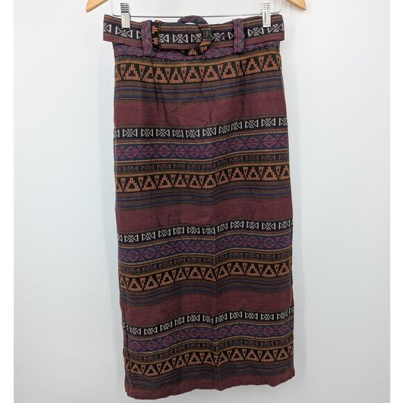 Vintage Huntington Ridge Belted Aztec Midi Skirt Size 9/10 Boho 100% Cotton - Picture 2 of 6